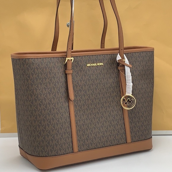 MICHAEL KORS 
Jet Set Travel Large Logo Tote Bag BROWN/BLACK SIGNATURE C… - Picture 1 of 15